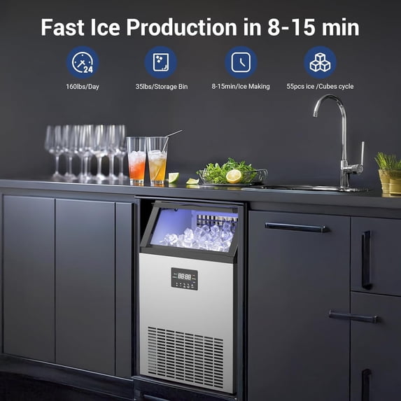 XUTUMM Commercial Ice Machine 160LBS/24H,Storage 35LBS, Industrial Ice Maker,55 Cubes Every 8-15 Minutes,with Self-Cleaning Mode, Low Noise