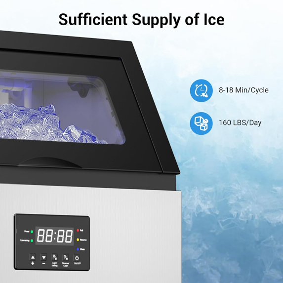 Self-Cleaning Commercial Ice Machine - 165LBS/24H Production, 132 Cubes per Cycle, Industrial Grade Stainless Steel with 12 Adjustable Thickness Settings
