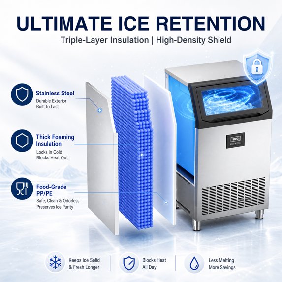 XUTUMM Commercial Ice Maker Machine, Up to 500 lbs/24H, 125 lbs Storage Bin, 162 Cubes per Batch, Adjustable Thickness, Self-Cleaning Stainless Steel Ice Machine