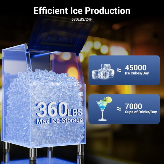 High-Capacity Commercial Ice Maker - 600Lbs/24H Output, 400Lbs Storage, Stainless Steel Construction with Water Hookup & Adjustable Ice Thickness