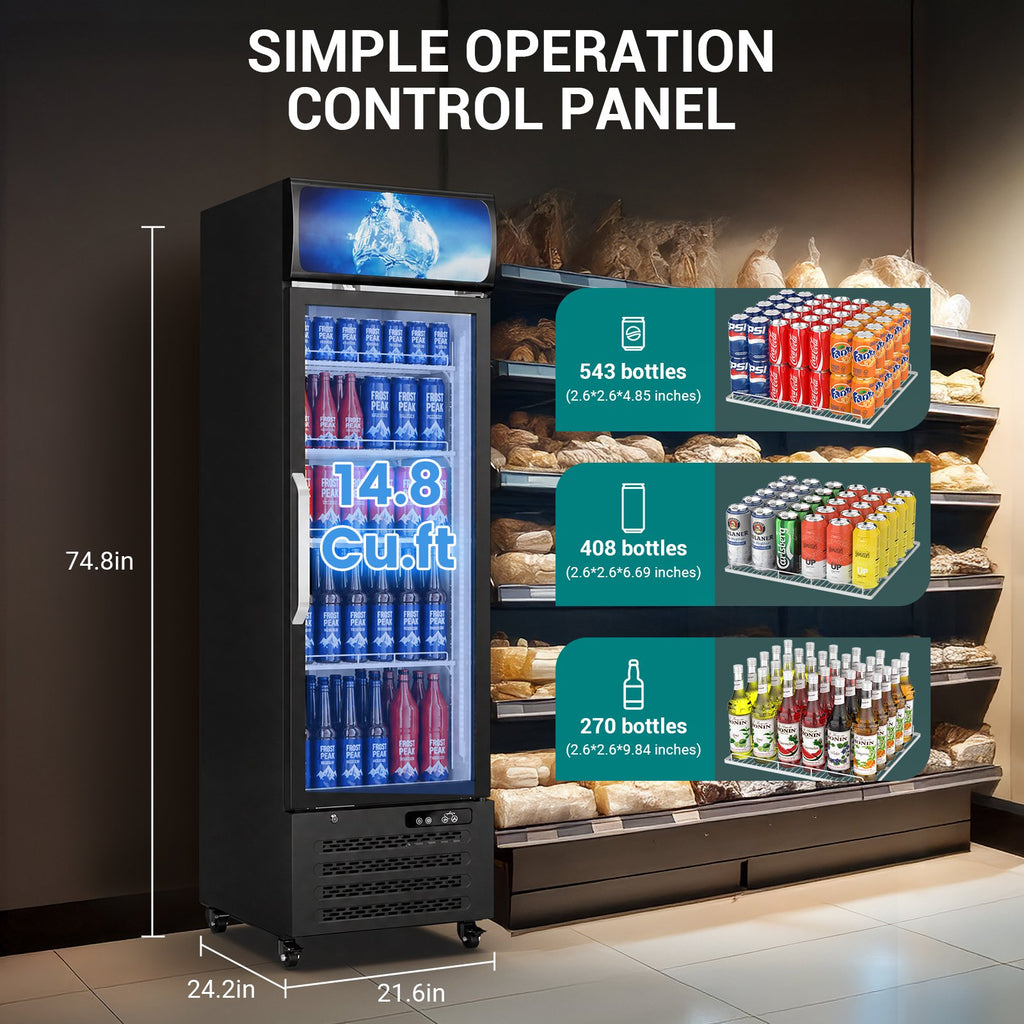 12 Cu Ft Commercial Beverage Fridge w/ Glass Door & LED Light - Freestanding Display Cooler for Shop, Restaurant, Business