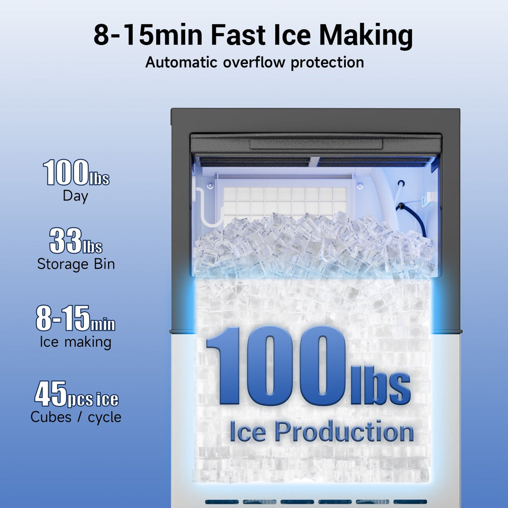 XUTUMM Commercial Ice Maker, 100 Lbs/24H Undercounter Ice Machine with 33 Lbs Storage Bin, 45 Ice Cubes, Adjustable Ice Thickness for Bar, Coffee Shop