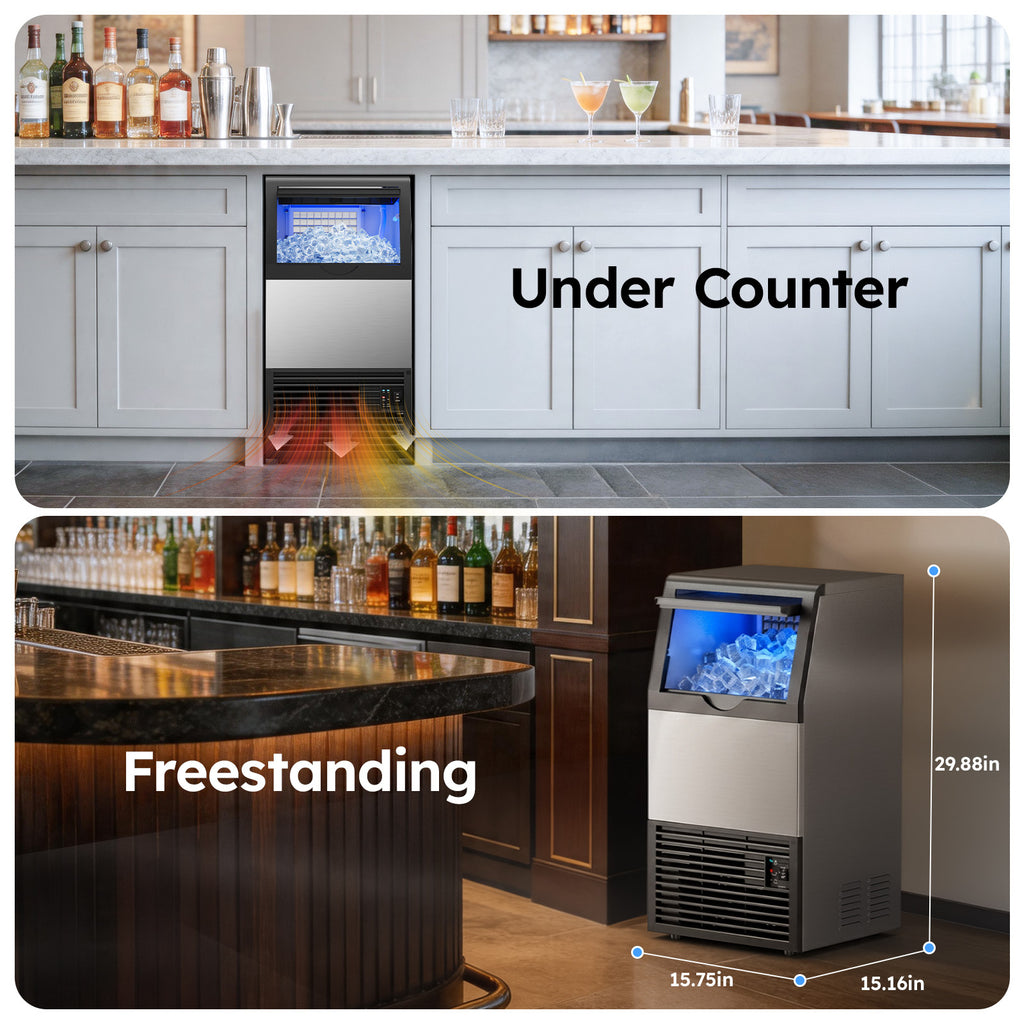XUTUMM Commercial Ice Maker 120lbs/24H, Under Counter Ice Machine with 40lbs Storage, Dual Water Inlet (Tap + Self-Suction), Self-Cleaning Stainless Steel for Home Bar