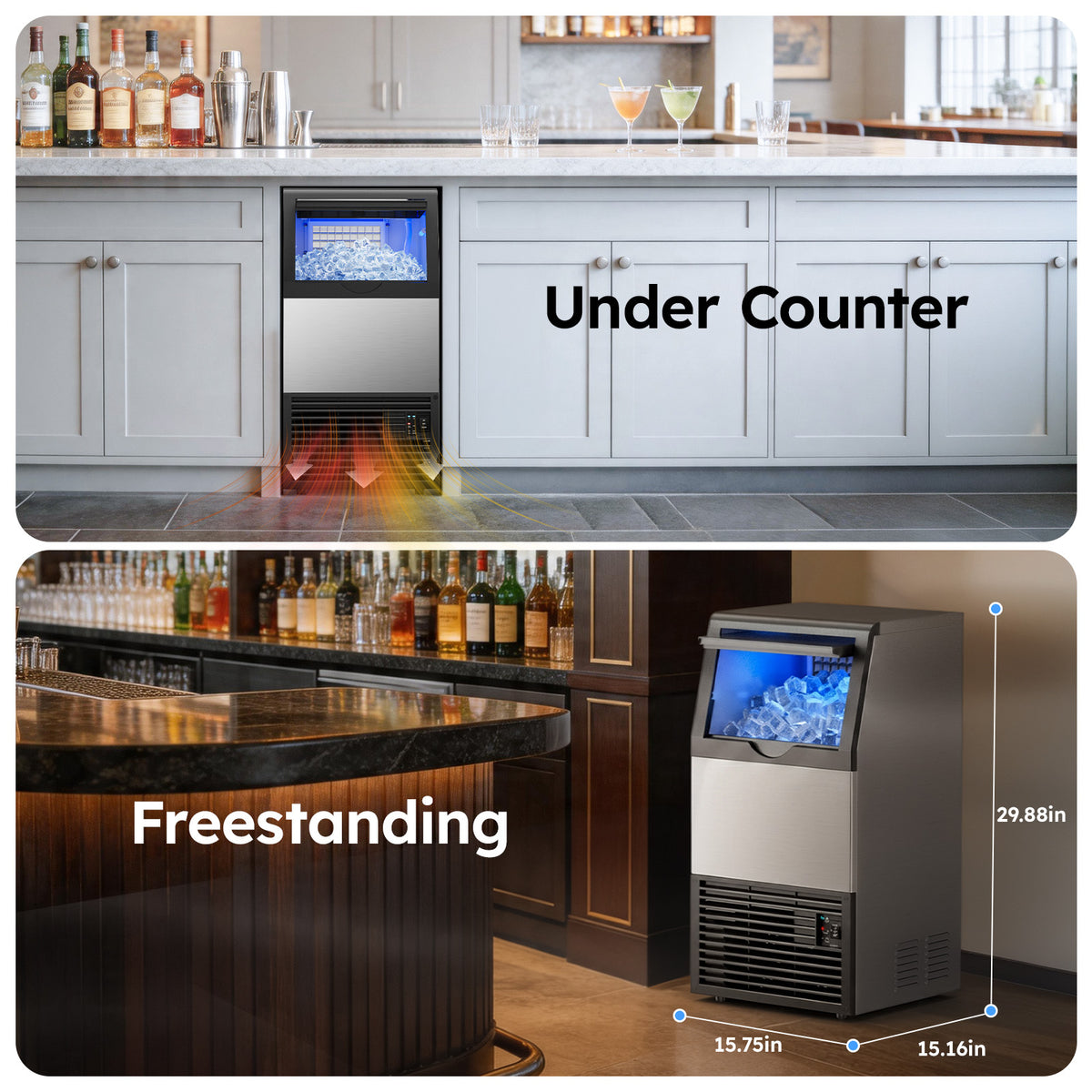 XUTUMM Commercial Ice Maker 120lbs/24H, Under Counter Ice Machine with 40lbs Storage, Dual Water Inlet (Tap + Self-Suction), Self-Cleaning Stainless Steel for Home Bar