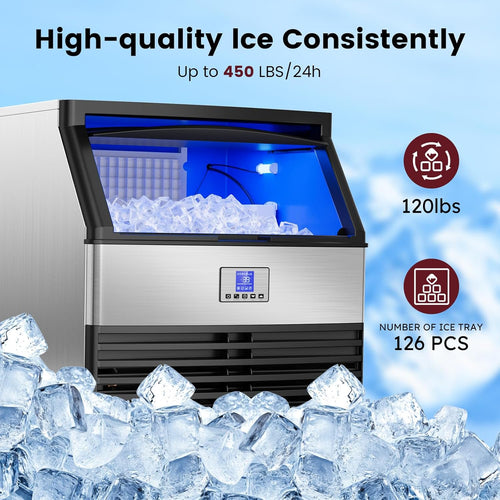 High-Capacity Commercial Ice Maker - 450Lbs/24H Production with Large Storage Bin, Self-Cleaning System for Restaurants, Bars & Home Use