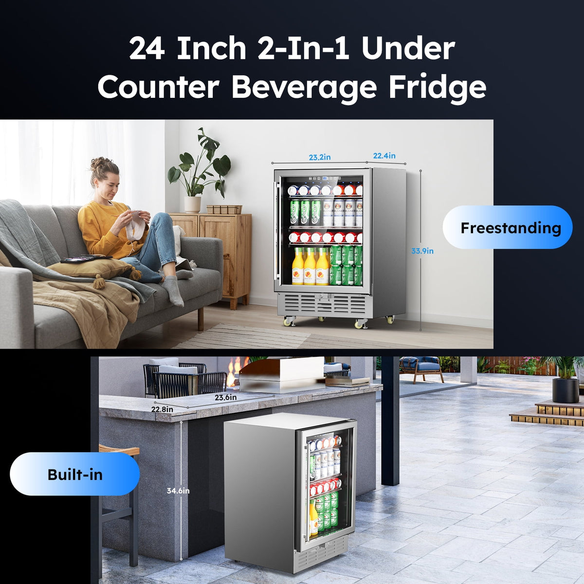 XUTUMM 24 inch Beverage Refrigerator with Glass Door, Under Counter/Freestanding Beverage Cooler with Temperature Memory