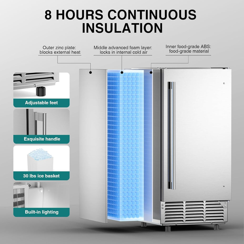 XUTUMM 15" Ice Maker, 85Lbs/24H Under Counter w/ 30Lbs Bin, Built-in/Freestanding, Auto-Clean, Stainless Steel