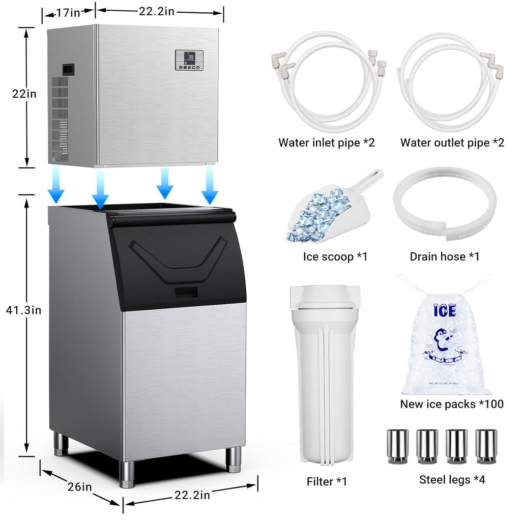 Xutumm Commercial Ice Maker, 580 Lbs/24H With 380 Lbs Large Storage Air-Cooled Ice Machine For Ice Cube for Cafe,Restaurant,Home