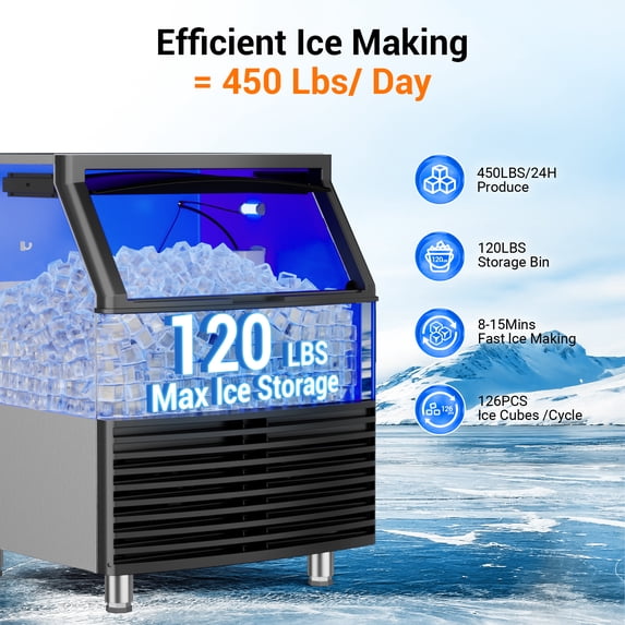 XUTUMM Commercial Ice Machine 450LBS/24H,Storage 120LBS, Industrial Ice Maker,with Self-Cleaning Mode, Low Noise