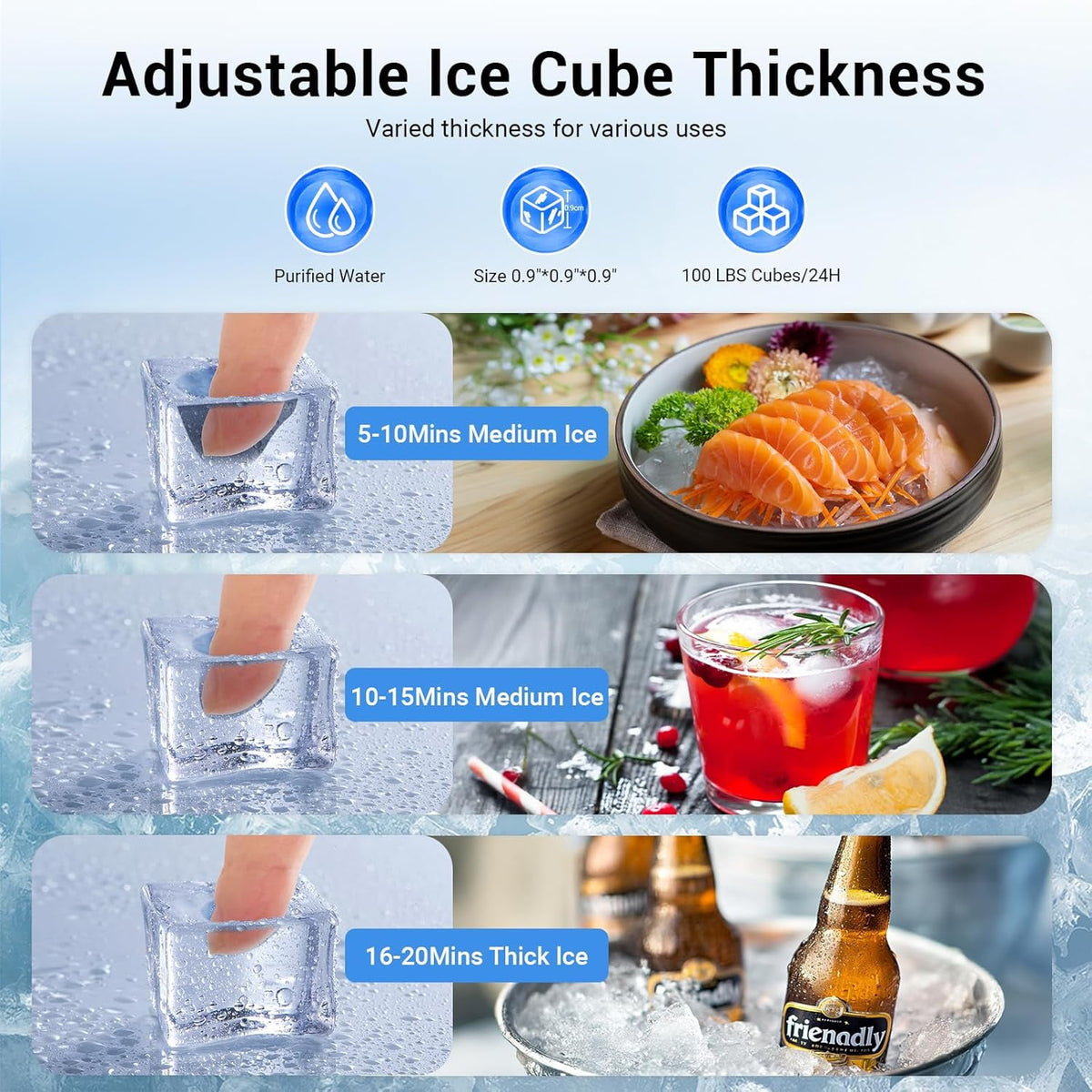 XUTUMM Commercial Ice Maker, 100 Lbs/24H Undercounter Ice Machine with 33 Lbs Storage Bin, 45 Ice Cubes, Adjustable Ice Thickness for Bar, Coffee Shop