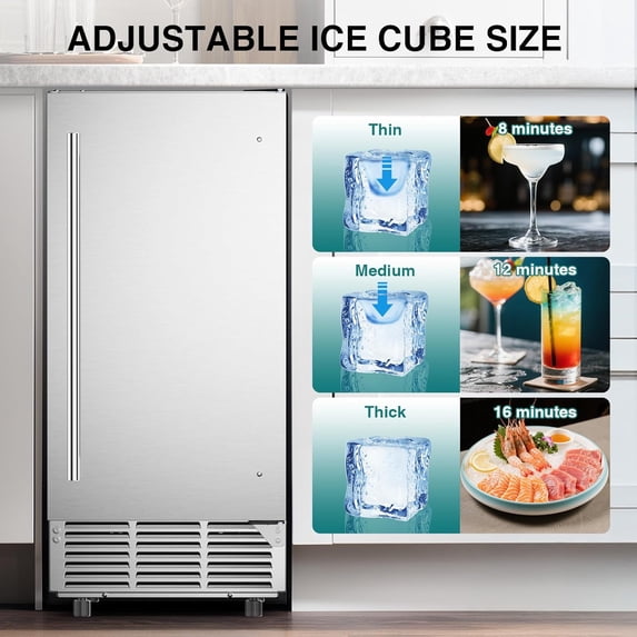 XUTUMM 15" Ice Maker, 85Lbs/24H Under Counter w/ 30Lbs Bin, Built-in/Freestanding, Auto-Clean, Stainless Steel