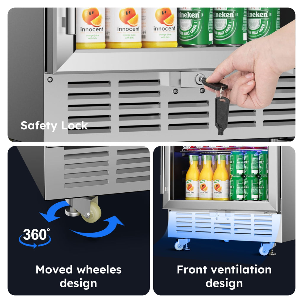 XUTUMM 24 inch Beverage Refrigerator with Glass Door, Under Counter/Freestanding Beverage Cooler with Temperature Memory