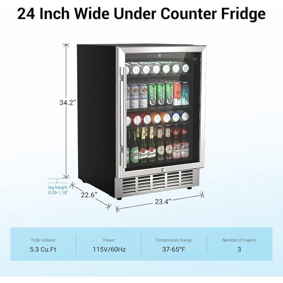 24 Inch Beverage Refrigerator & Cooler Under Counter with Safty Lock, Outdoor Patio Fridge for Drinks, Soda, Beer, Wine, 37～65°F Adjustable Temperature & Memory, Built-in/Freestanding
