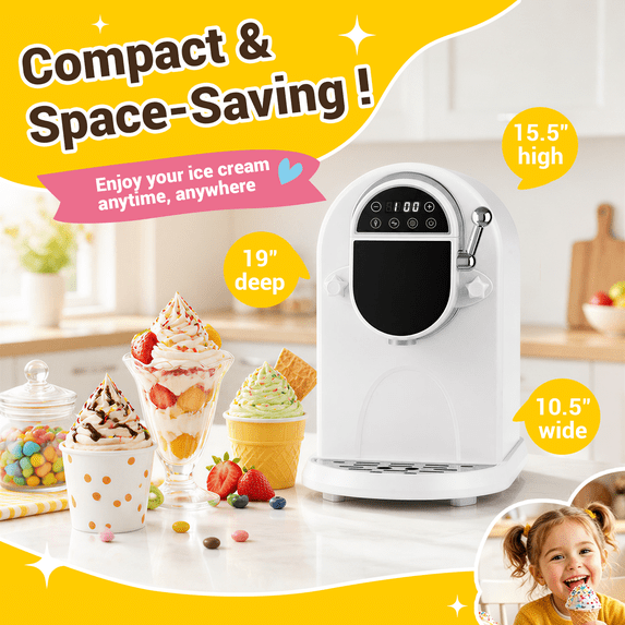 Xutumm 1.25 QT Compressor Ice Cream Maker, No Pre-Freezing Frozen Dessert Machine with Self-Cleaning, LED Display, Adjustable Hardness, Stainless Steel Bowl, White